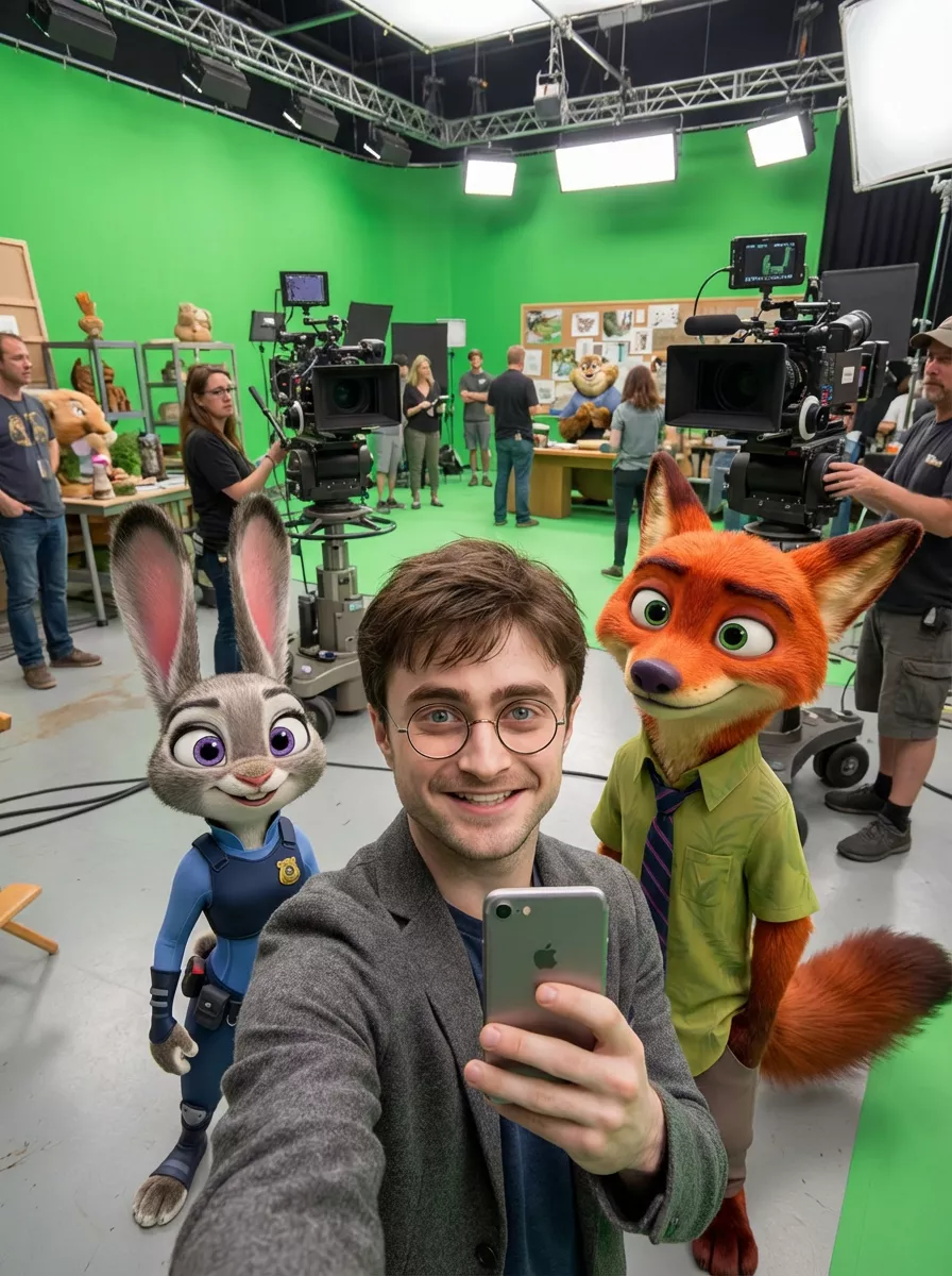 哈利波特在疯狂动物城拍摄现场与主演合影