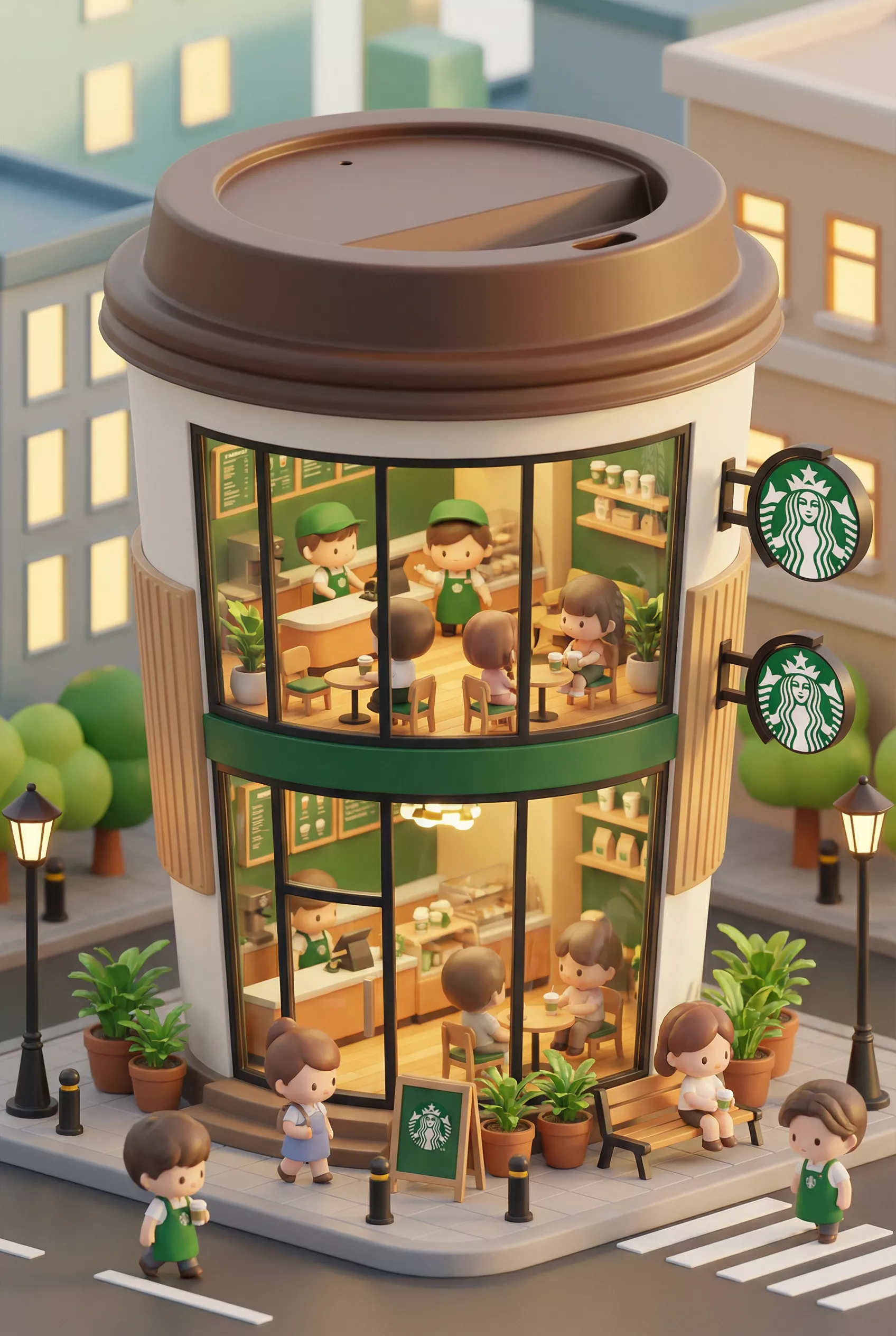3D chibi-style miniature concept store of Starbucks